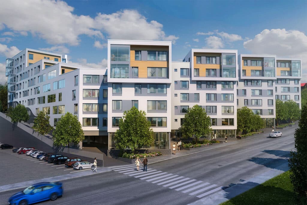 Havainnekuva Lauttasaarentie 52–54 asuinkerrostaloista