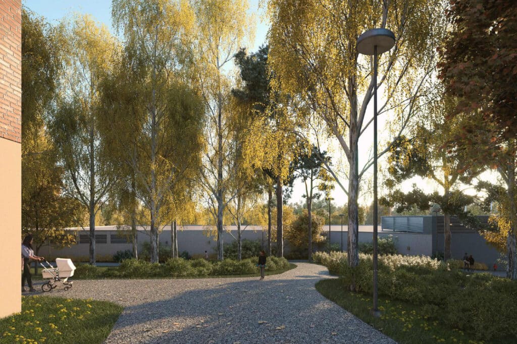 Pohjantori viereisten kerrostalojen suunnasta katsottuna havainnekuvassa