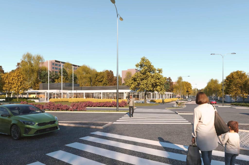 Pohjantorin uudisrakennus havainnekuvassa suojatieltä.