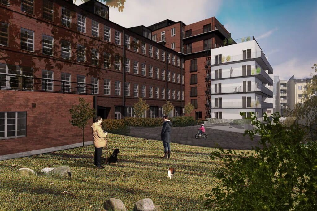 Töölönkatu 28 punatiilinen kerrostalo havainnekuvassa. Ihmisiä ulkoilemassa piha-alueella.