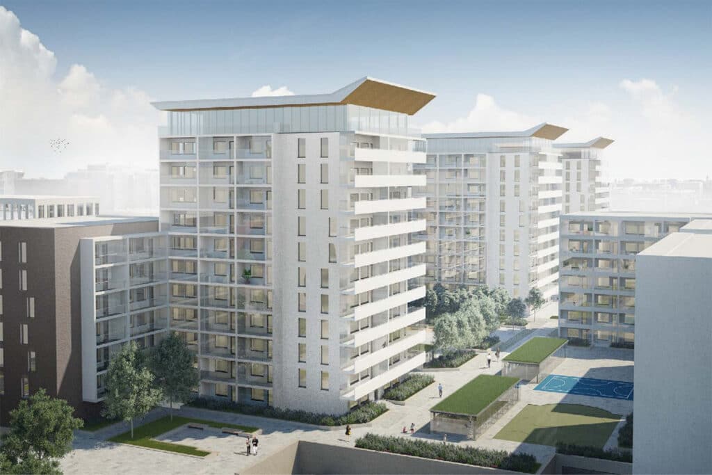 Isoja lippakattoisia kerrostaloja Vattuniemessä havainnekuvassa