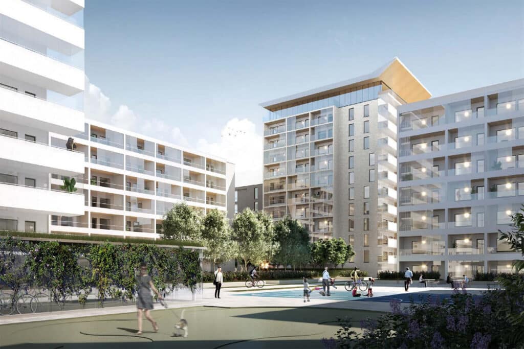 Vaaleita kerrostaloja, joiden sisäpihalla ihmisiä viettämässä aikaa havainnekuvassa